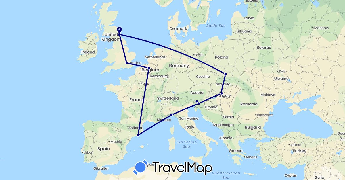 TravelMap itinerary: driving in Belgium, Spain, France, United Kingdom, Hungary, Italy, Poland, Slovenia (Europe)